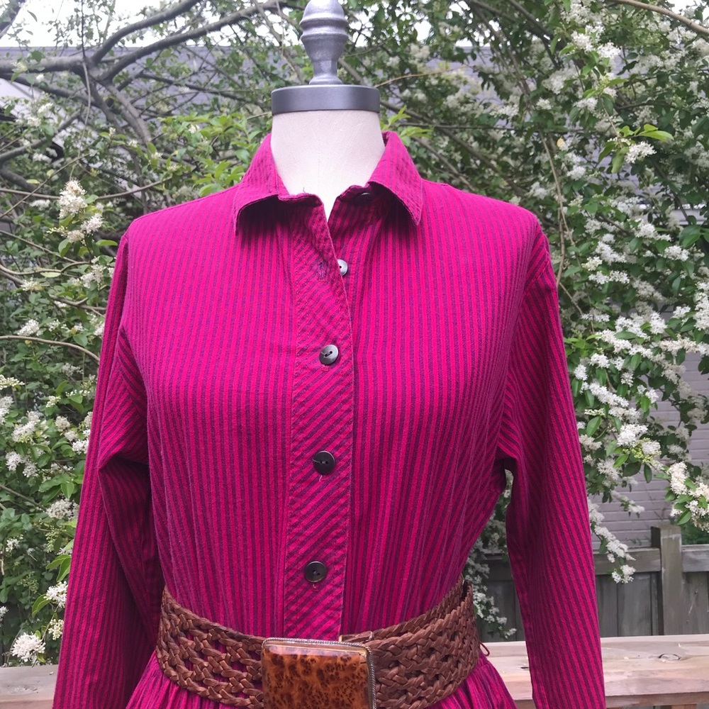 Vintage Raspberry Striped Cotton Shirtdress Med Large - Picture 2 of 7